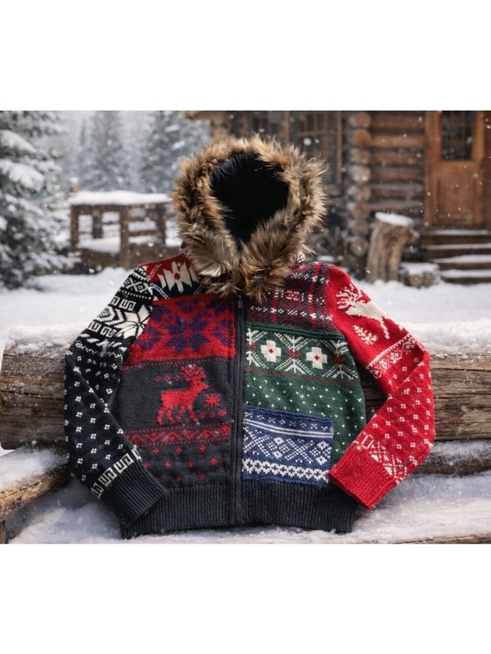 Polo Ralph Lauren Kids Patchwork Fair Isle Zip Hoodie Faux Fur Hood Reindeer S 7